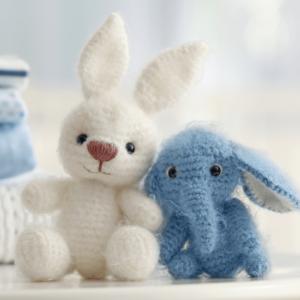 a crocheted white rabbit and a crocheted blue elephant with a blurred out background