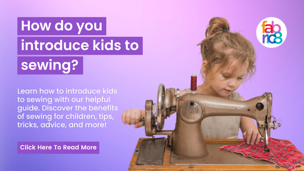 a pruple background with a child sewing on a sewing machine with text reading"how do you introduce kids to sewing?"