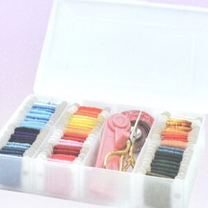 a clear organising box holding different kinds and colours of thread and other sewing supplies