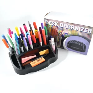 a black desk organiser holding pens and other stationery items